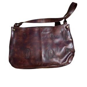 Vintage Trapèzio Egyptian Pharaoh Embossed Leather Shoulder Bag Boho 90s Rare